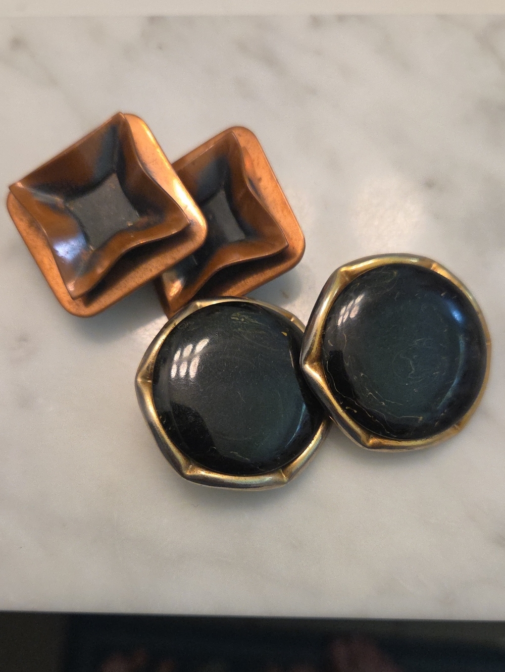 Vintage Black Glass & Brass Button Pair